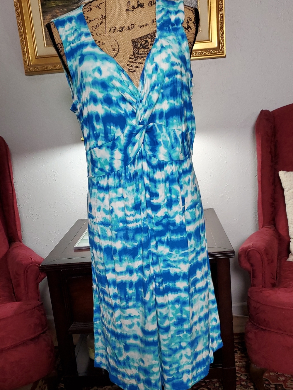 Style & Co. Stretchy Blue and White Tie-Dye Knot-Front Midi Dress Size 2X